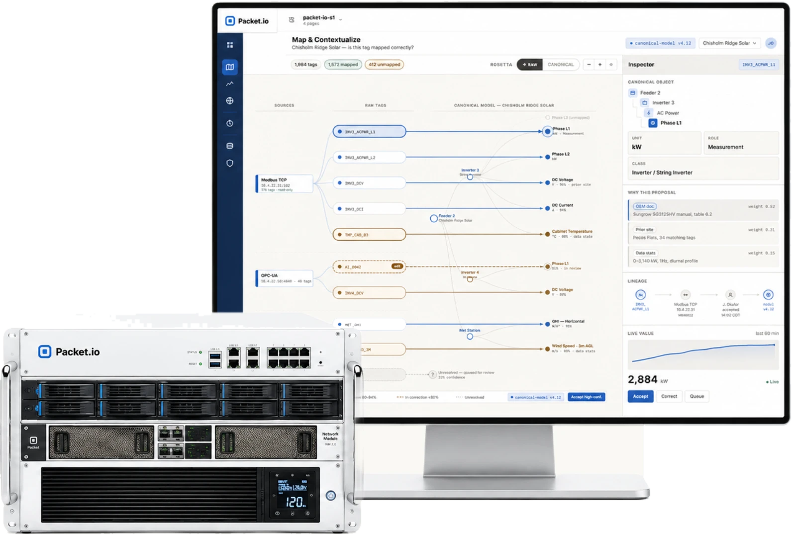 Packet appliance and the Map & Contextualize view, mapping raw tags to the canonical asset model